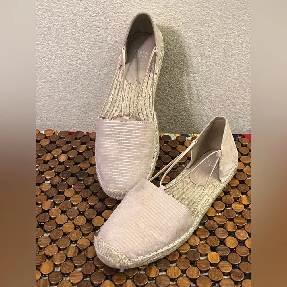 Eileen Fisher Lee Espadrille Flats Blush Print Subtle Metallic Stripes Size 10